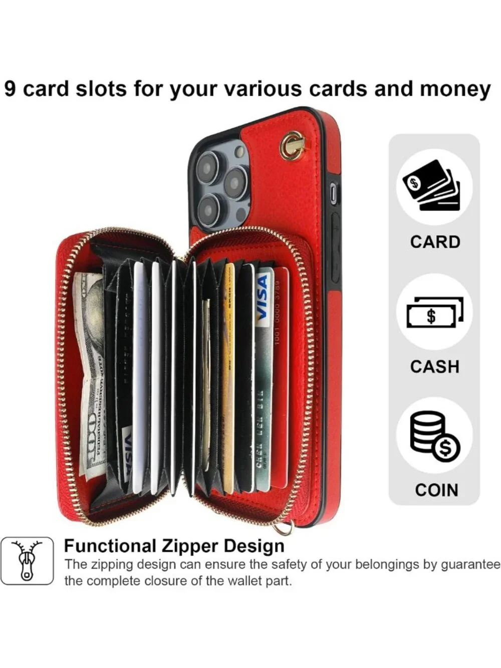 Stylish Multi-Slot Crossbody Wallet Case for iPhone 14 Pro Max - Red